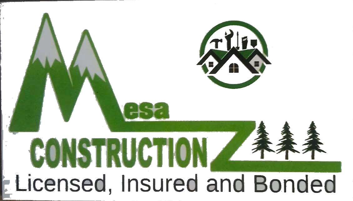 Mesa Construction Z logo featuring mountains, trees, and a house icon with licensed, insured and bonded text
